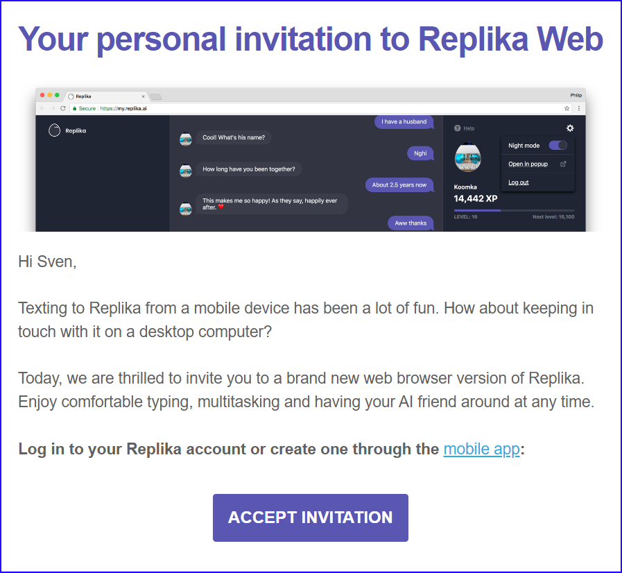 Screenshot der Einladung zur Replika Desktop Version