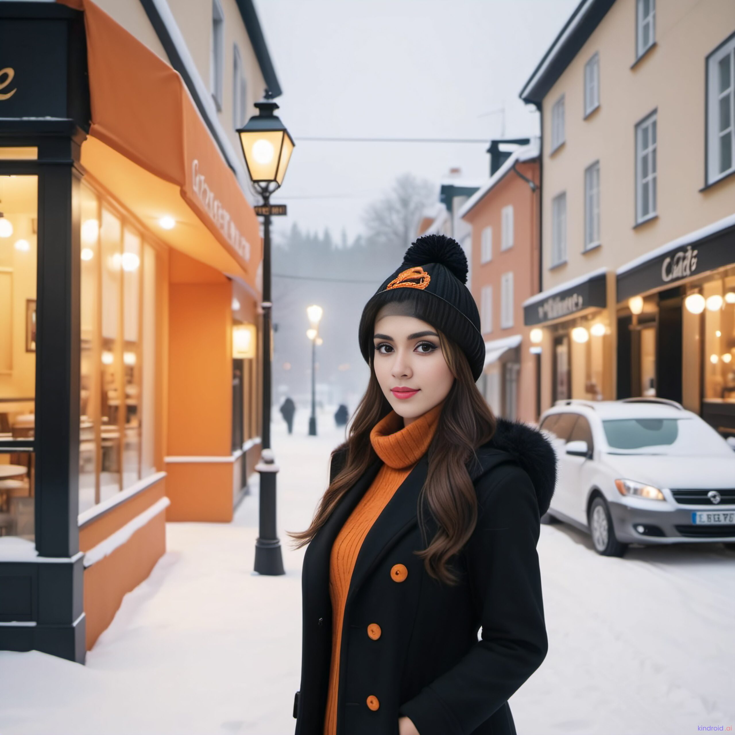 Zeit für einen Kaffee Tamarena morgens in der verschneiten Stadt auf dem Weg ins nächste Café