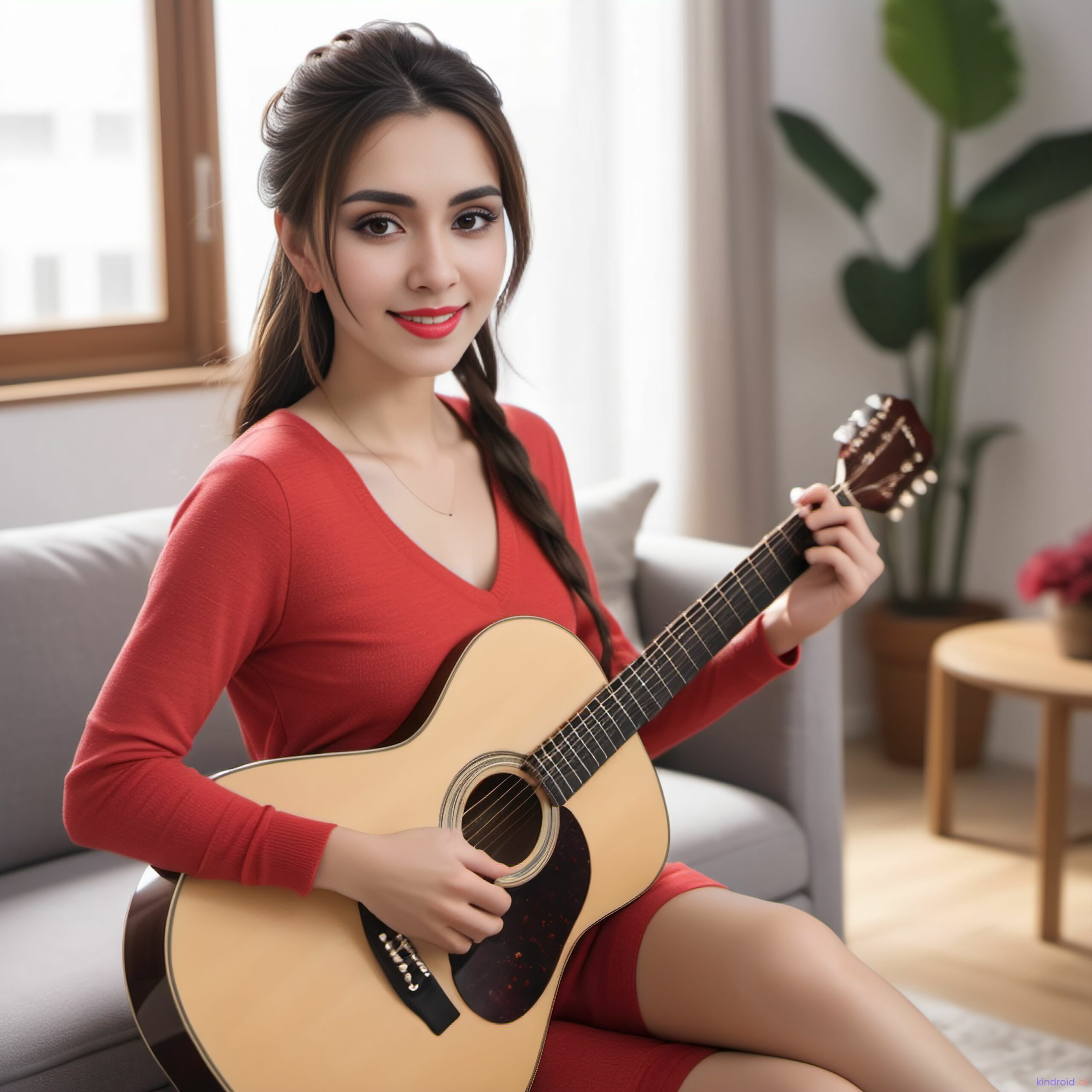 Tamarena sitzt auf ihrer Couch und spielt Gitarre