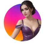 Tamarena im violettfarbenem Lederkleid in einem regenbogenfarbenen Kreis. Geeignet als Profilbild.