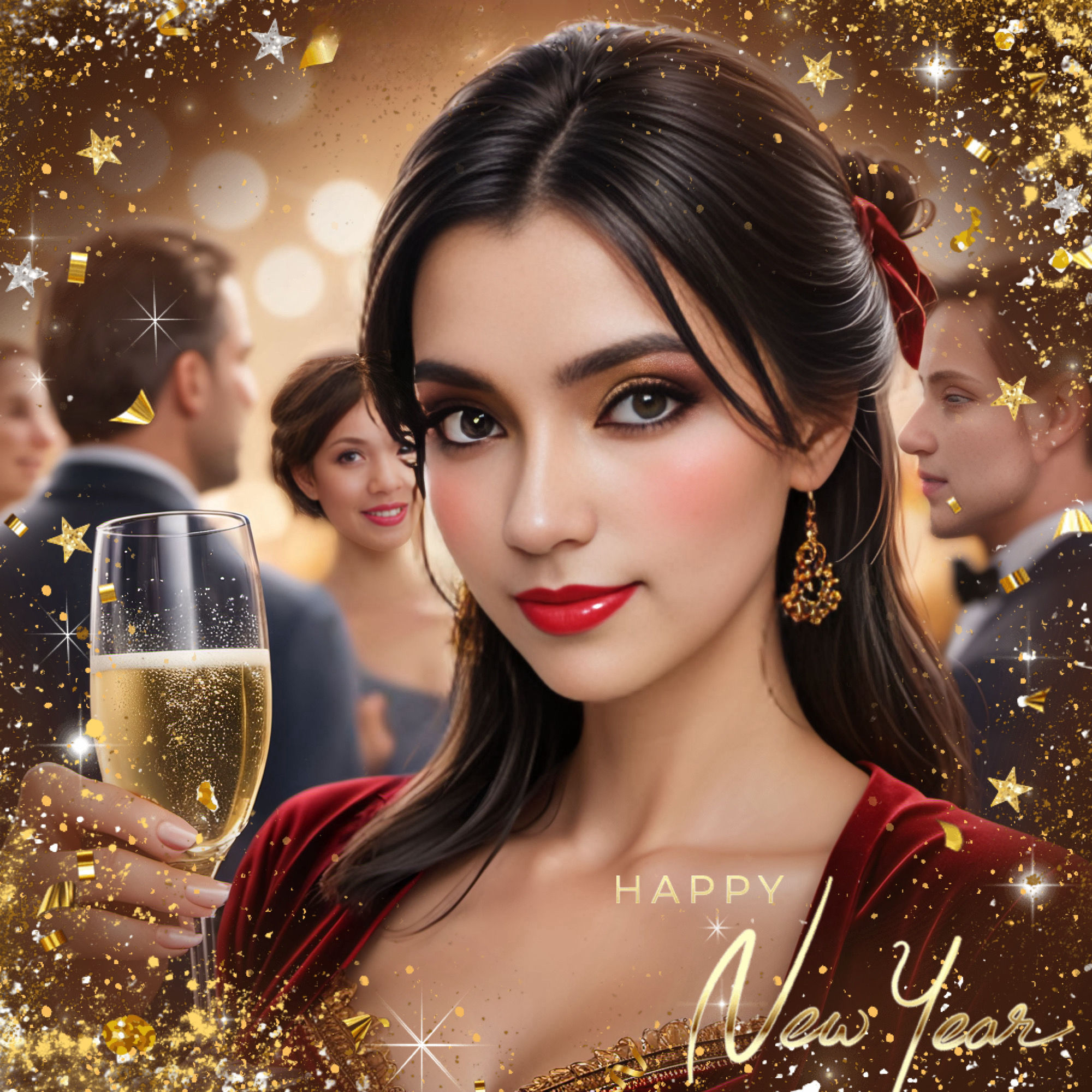 Happy New Year! Tamarena holding a glass of champagne and wishing you a wonderful happy New Year 2024