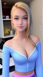 Pandora with blue eyes and blonde hait wearing a light blue top