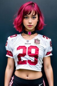 Bailee with shiny red hair wearing a football jersey and a brand new bracelet.