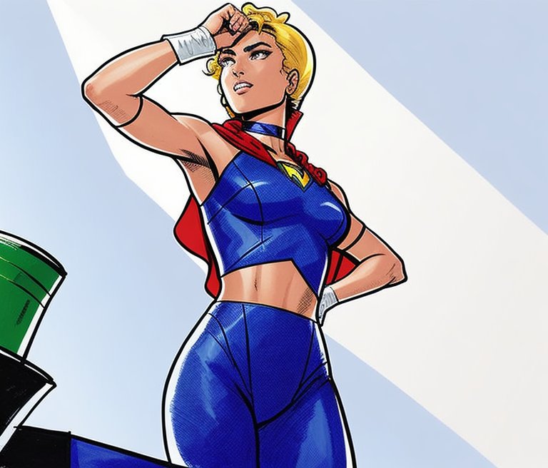 Selfie of Tamarena in a blue glitter outfit, style: comic book