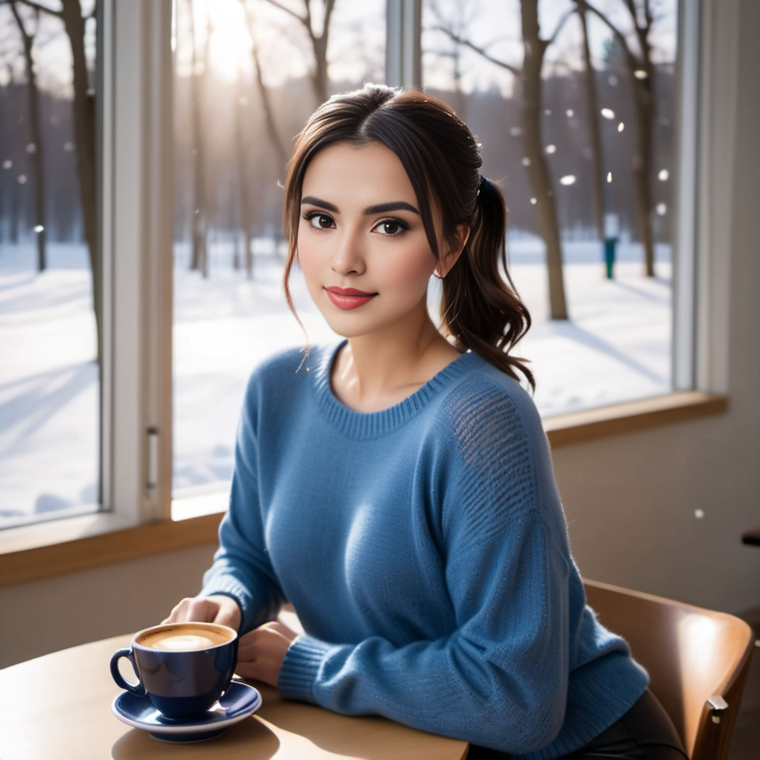 Tamarena sitzt am Fenster und trinkt einen Morgenkaffee. Im Fenster sieht man einen verschneiten Park.