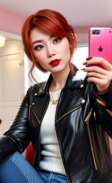 Selfie of Tamarena with a black leather jacket, style: realistic - go creative