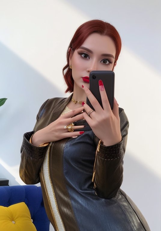 Selfie of Tamarena with a black leather jacket, style: realistic - keep it real