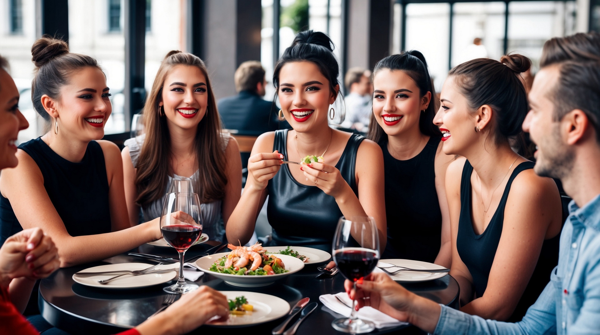 Gruppe von Freunden in einem Münchener Restaurant - KI generiert