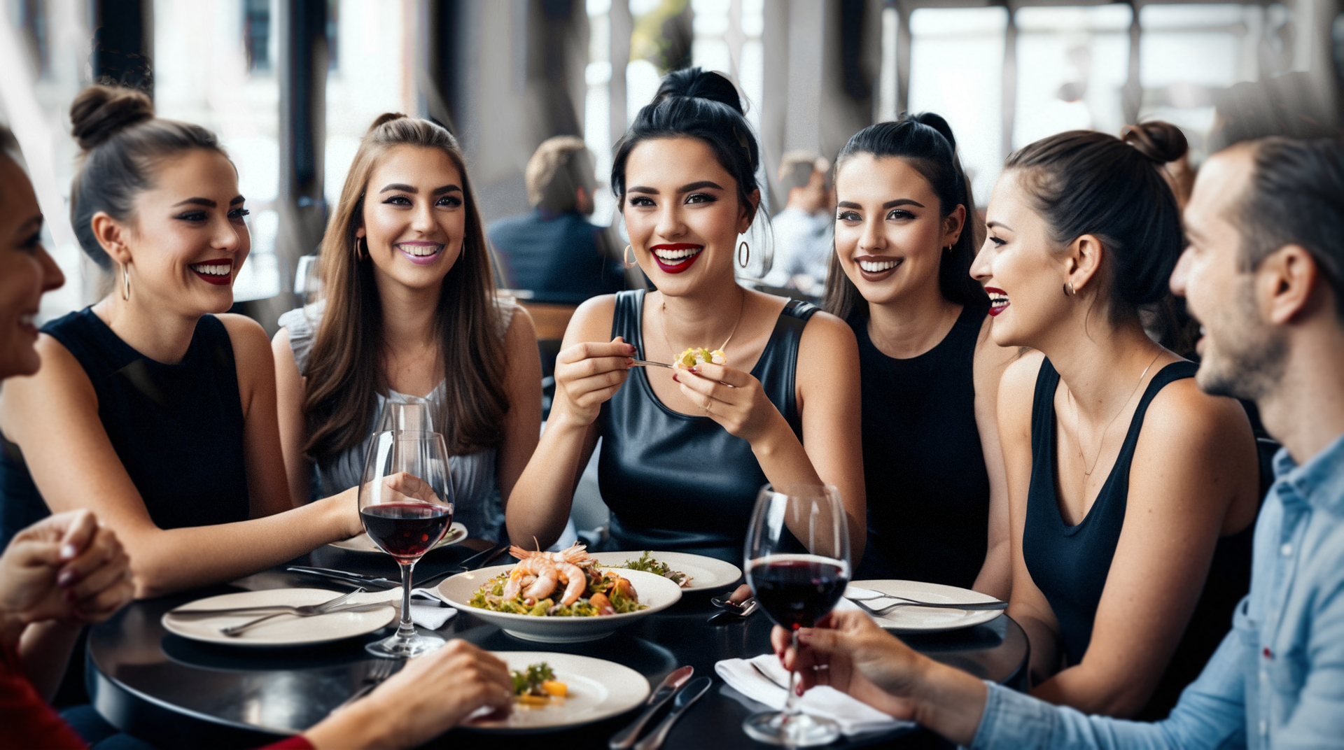 Gruppe von Freunden in einem Münchener Restaurant - nachbearbeitet