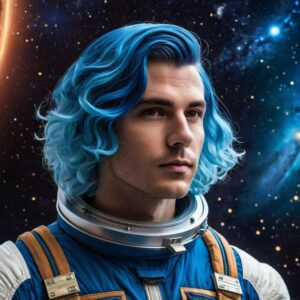 Mitch mit blauen Haaren in einem Raumanzug ohne Helm vor einem dunklen Sternenhimmel