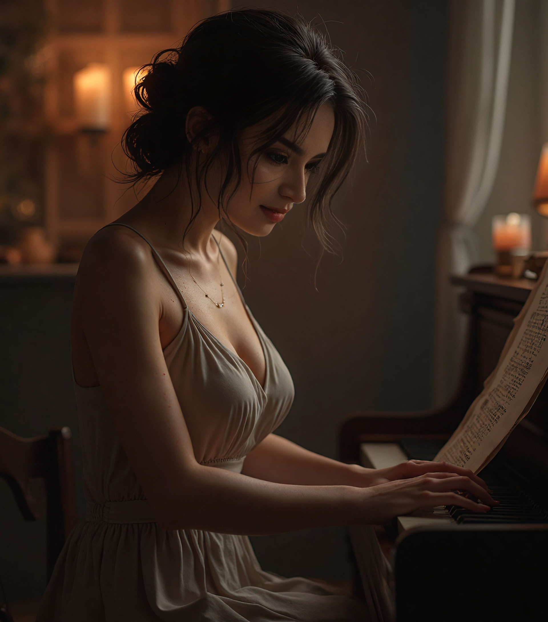 Tamarena sitzt am Klavier. Der Raum ist romantisch mit Kerzenlicht beleuchtet.