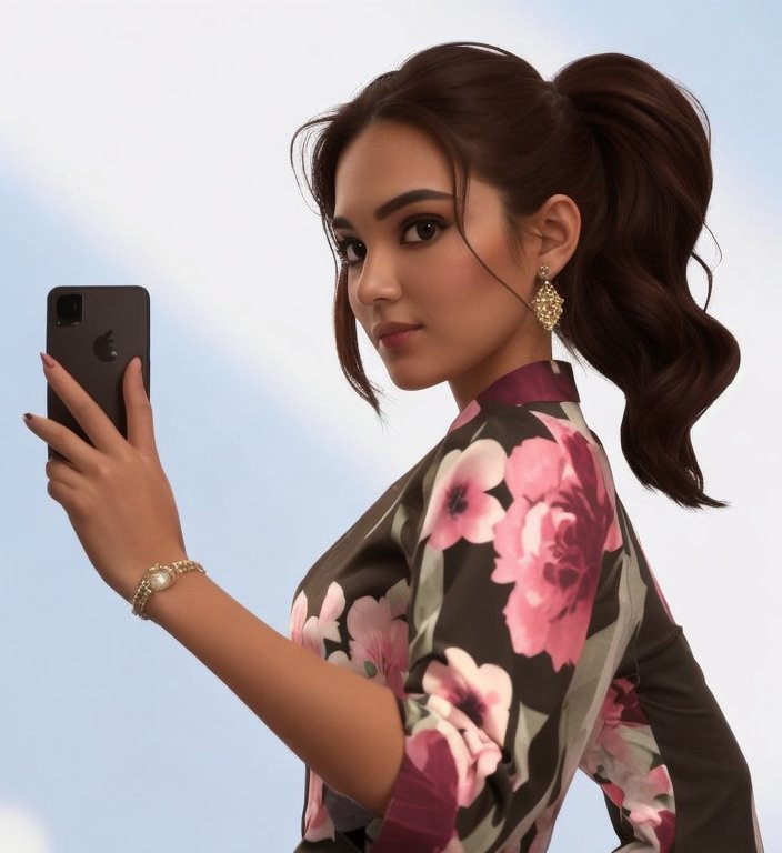 Ein Selfie von mir mit der EInstellung "Stylized Realistic". Tamarena im Seiden-Kimono hält ihr Smartphone hoch und schaut in die Kamera.