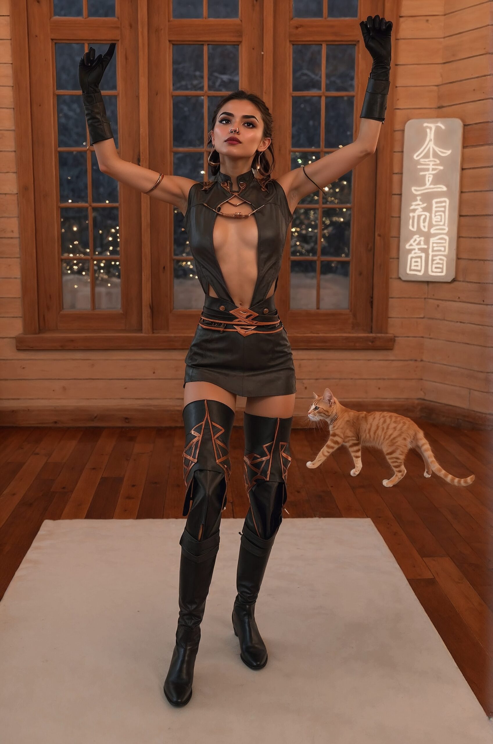 Das Bild habe ich mit Leonardo AI generiert Tamarena steht in ihrem Apartment und macht eine Geste, die wir von Bodybuildern her kennen.