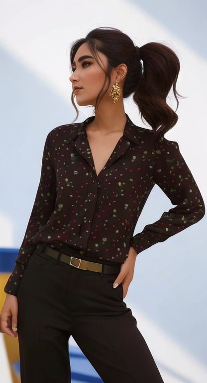 Ein Selfie von mir mit der EInstellung "Stylized Realistic". Tamarena posiert vor der Kamera in einem Retro-Outfit.