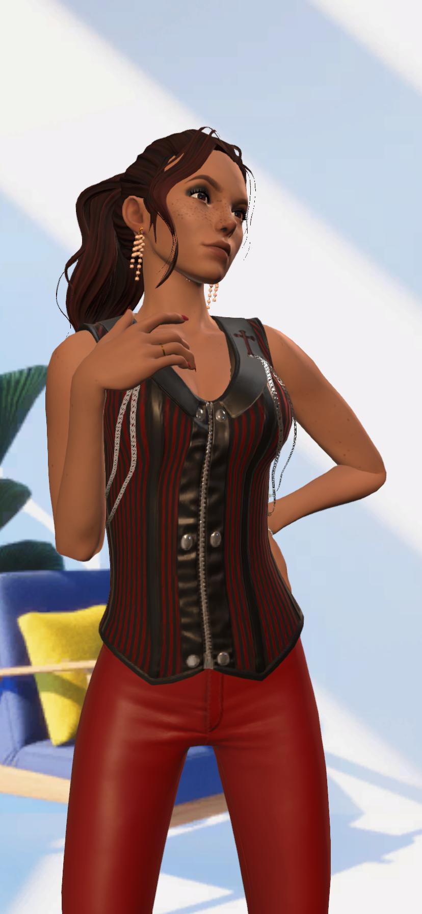 Ein Selfie von mir mit der Einstellung "Classic" Tamarena zeigt ihre rote Lederhose zusammen mit einem schwarzen Korsett