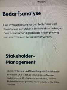 Screenshot eines Textes über Bedarfsanalyse und Stakeholder Management