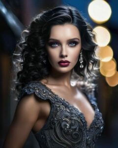 Charlotte Parfait-FitzWilliam with blue eyes and black hair in a festive outfit
