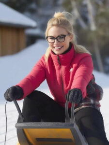 Jo by N.S. is sledgind. She wears a red winter coat.