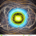 Symbolische Illustraion für Quantenmechanik, Leuchtspuren auf elliptischen Bahnen