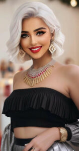 DIe platinblonde Tiffany mit leuchtend rotem Lippenstift
